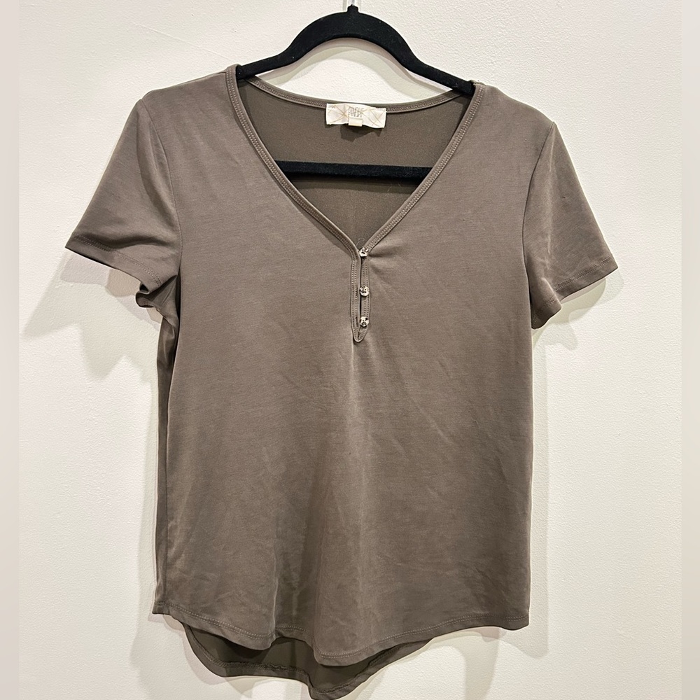 Women’s Olive colored T Shirt with Button Detailing
